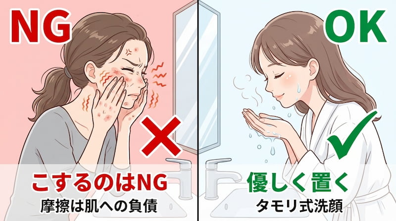 健康な肌バリアと洗いすぎた肌の断面図の比較。「健康な肌バリア」側は0.02mmの整った角質層が水分を蓄え、盾のアイコンで外部刺激を防いでいる様子。「洗いすぎた肌」側は角質層がひび割れて水分が蒸発し、赤みやダメージが生じている様子を対比させている。