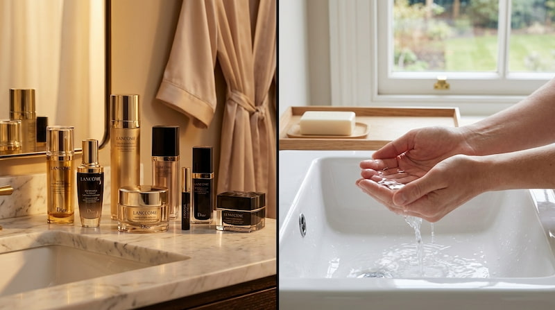 豪華なスキンケア習慣とミニマルな習慣の比較画像。左側には大理石のカウンターに並ぶランコムやディオールなどの高級化粧品。右側には、明るい窓際で何もつけず水だけで丁寧に手を洗う様子。過剰なケアから解放される「肌断食」のビジョンを表現している。