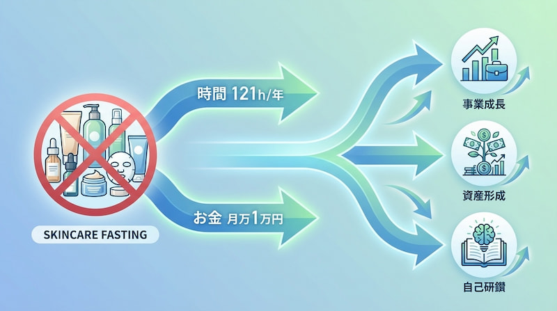 「SKINCARE FASTING(肌断食)」のメリットを説明する図解。
過剰なスキンケアをやめることで、「年間121時間の時間」と「月々1万円のお金」が節約できることを示しています。
捻出されたこれらのリソースが、「事業成長」「資産形成」「自己研鑽」という3つのポジティブな自己投資へ繋がる流れを、矢印とアイコンを使って表現しています。