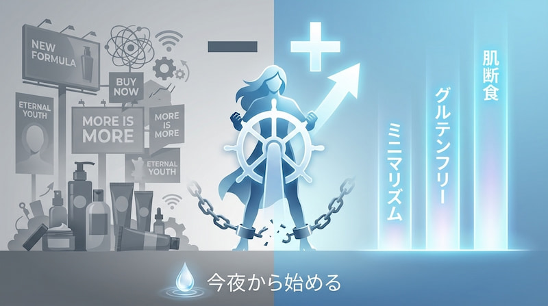 過剰な消費から解放され、シンプルな生活を選択する様子を描いたイラスト。
左側の暗いエリアには、大量のスキンケア用品や「MORE IS MORE(多ければ多いほど良い)」「BUY NOW」といった広告が溢れ、束縛を象徴しています。
中央では、女性のシルエットが足元の鎖を断ち切り、船の舵を握って自ら進路を決める姿が描かれています。
右側の明るいエリアには、「ミニマリズム」「グルテンフリー」「肌断食」と書かれた光の柱が立ち、健康的で自律した未来を表現しています。下部には「今夜から始める」というテキストが添えられています。