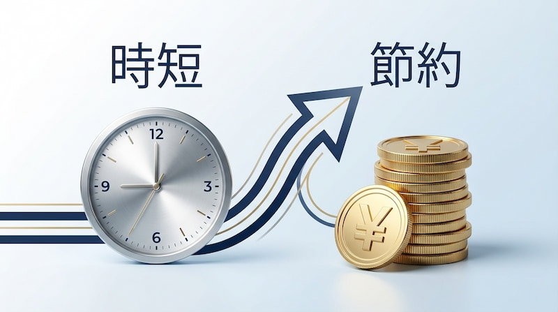 「時間の節約とコスト削減を象徴するコンセプト画像。左側には『時短』という文字と共にシルバーのアナログ時計が配置され、右側には『節約』という文字と共に積み上げられた日本円（¥）のゴールドコインが描かれています。背景には右肩上がりの矢印があり、効率化による成長と利益を表現しています。」