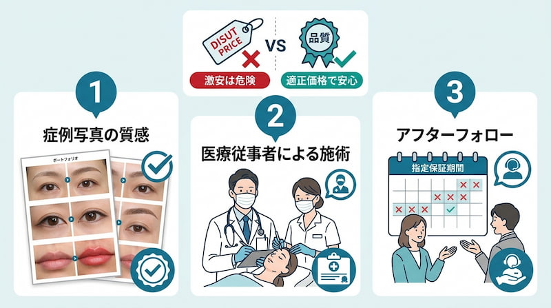 アートメイククリニック選びの3つの重要ポイントをまとめた図解。症例写真の質感、医療従事者による施術、アフターフォローの充実度、および適正価格の重要性についての解説。