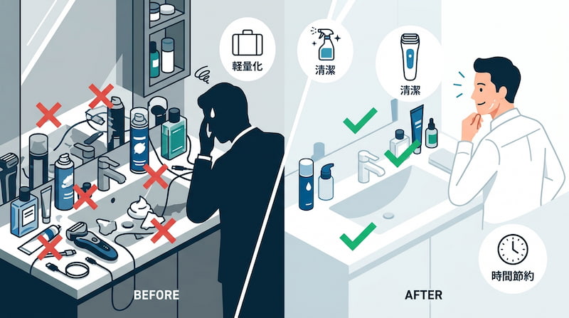 洗面所のミニマリズムによる時間節約と清潔感のビフォーアフター。過剰なケア用品で散らかりストレスを感じる状態から、アイテムを厳選し軽量化・清潔化することで、日々の掃除や準備時間を大幅に短縮できた様子を比較しています。