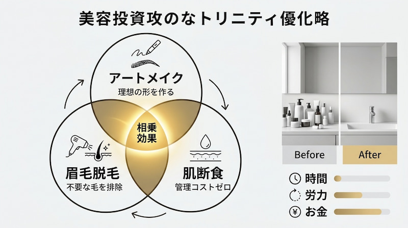 アートメイク、眉毛脱毛、肌断食を組み合わせた「美容投資攻めのトリニティ最適化戦略」の解説図。各要素が重なることで生まれる相乗効果と、管理コスト（時間・労力・お金）の削減を可視化したインフォグラフィック。