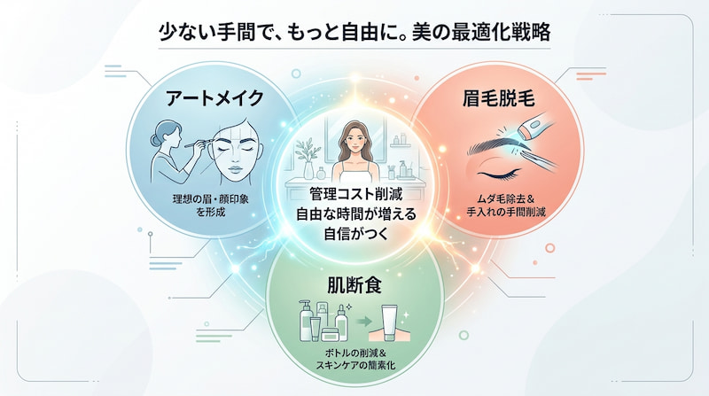 「少ない手間で、もっと自由に。美の最適化戦略」を解説したインフォグラフィック。アートメイクによる理想の眉形成、眉毛脱毛による手入れの手間削減、肌断食によるスキンケアの簡素化の3軸で、美容にかかる「管理コスト」を大幅に削減。創出された自由な時間を自己研鑽に充て、自信とパフォーマンスを最大化させるプロセスを可視化した、2026年最新の戦略的ライフスタイル・自己投資の図解イメージ画像。
