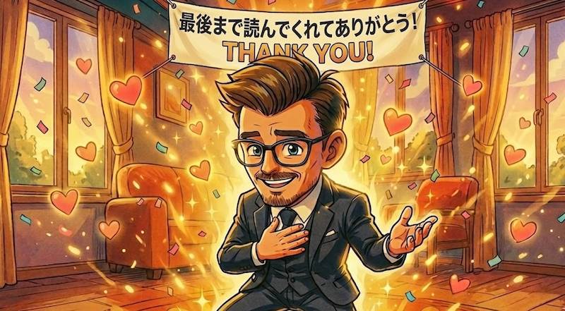 「最後まで読んでくれてありがとう！」というバナーを背景に、胸に手を当てて感謝を表すスーツ姿の男性のイラスト。周囲にはハートや紙吹雪が舞っている。
