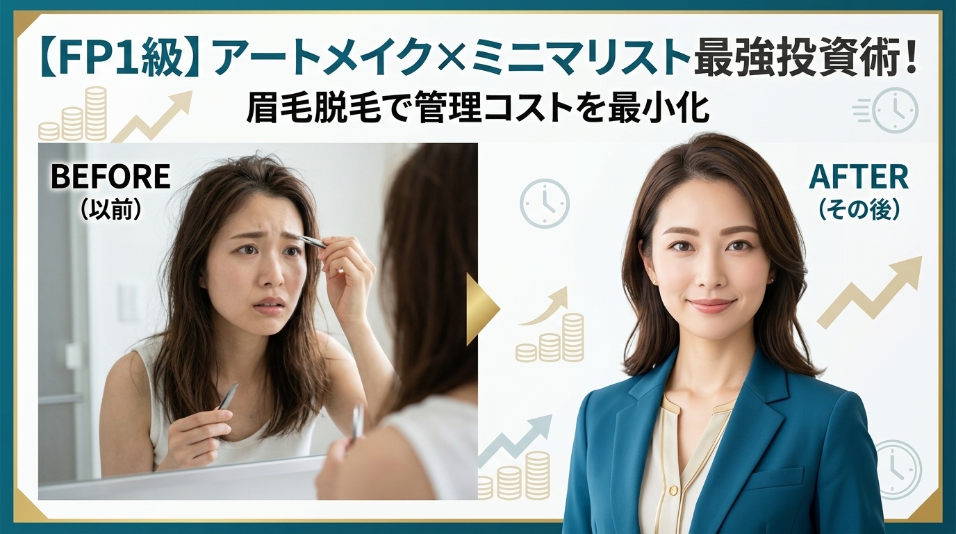 アートメイクによる眉毛の手入れのビフォーアフター比較画像。ミニマリスト的な視点で「管理コストの最小化」と投資効果を解説するブログ用バナー。