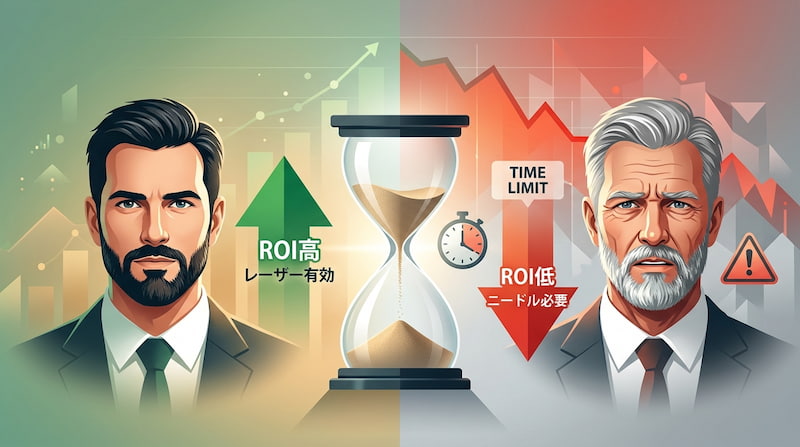 脱毛のROIと年齢の相関を示す比較図。レーザーが有効な若年層の「高いROI」に対し、白髪によりニードル脱毛が必要となる高齢層の「低いROI」とタイムリミットを警告。