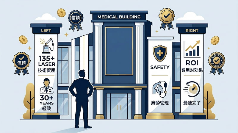 クリニックの信頼性を構成する要素を可視化した図。135台以上のレーザー技術資産、30年以上の経験、麻酔管理の安全性、そして最速完了による高い費用対効果(ROI)を、医療ビルを支える柱として表現。