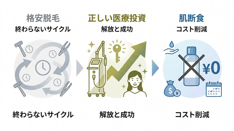 1級FPが解説する「正しい医療脱毛と肌断食」による資産防衛の3ステップ図解。時間と費用を浪費する「格安脱毛の終わらないサイクル」から、本質的な「医療投資」による解放と成功への転換、そして「肌断食」でスキンケアコストを0円にする究極のコスト削減プロセスを可視化した概念図。