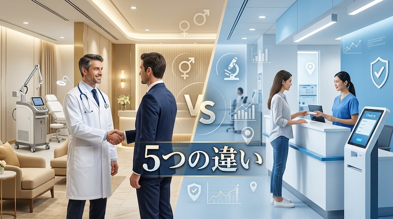 1級FPが徹底解説する、プレミアムな医療脱毛クリニックと一般的なクリニックの「5つの違い」を可視化した比較イラスト。医師との信頼関係や最新設備を備えた高級クリニック(左)と、効率性を重視した受付(右)を対比。後悔しないクリニック選びと自己投資の最適化を促すためのアイキャッチ画像。