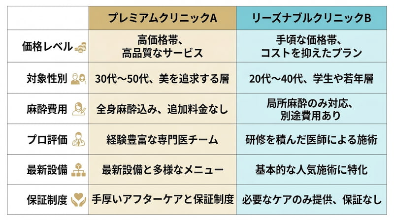 1級FPが比較分析する、医療脱毛クリニックの「プレミアム」と「リーズナブル」のサービス格差一覧表。価格帯、ターゲット層、麻酔費用、医師の質(プロ評価)、設備、保証制度の6項目で違いを可視化。表面的な安さだけでなく、トータルコストと付加価値を見極めるための専門家による解説図解。