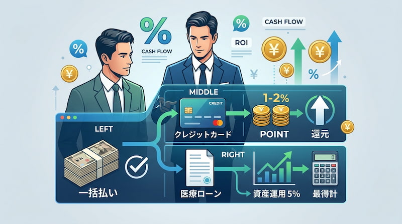 図解:脱毛などの医療費支払い戦略。現金一括払い、ポイント還元を狙うクレジットカード払い、そして医療ローンを活用しながら手元資金を年利5%で資産運用することで利益を最大化する最も合理的なキャッシュフローを比較解説しています。