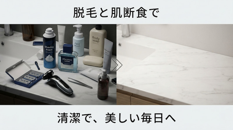 1級FPが推奨する「脱毛と肌断食」による生活改善のビフォーアフター図解。ヒゲ剃り用品やスキンケア化粧品が溢れた洗面台(左)から、何も置かないミニマルで清潔な空間(右)への変化を可視化。メンズ脱毛による消耗品コストの削減(節約)と時短、美しい毎日を実現するための自己投資を表現。