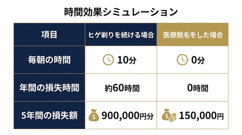 1級FPが監修する「ヒゲ剃りvs医療脱毛」の時間効果シミュレーション比較表。毎朝10分のヒゲ剃りが年間60時間の損失を生み、5年間で90万円相当の機会損失につながる現実を可視化。メンズ脱毛を単なる美容消費ではなく、時間資産を最大化する「自己投資」として分析した図解。