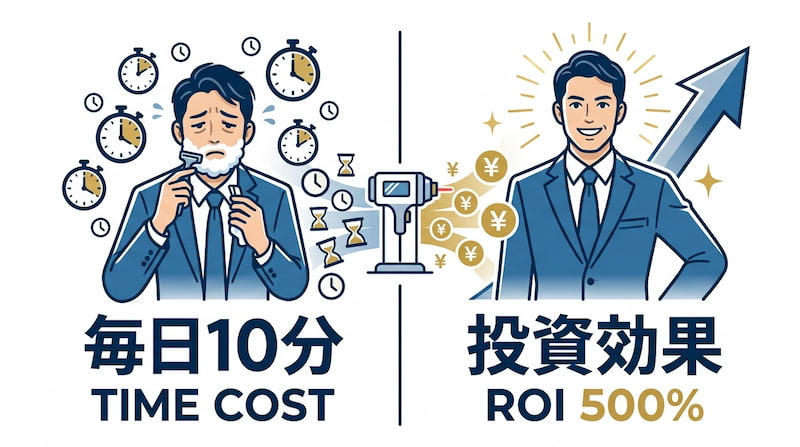 1級FPが解説する「メンズ脱毛の投資効果(ROI)」の比較イラスト。毎朝10分のヒゲ剃りによるタイムコストと、医療脱毛によって得られる「ROI 500%」の自己投資リターンを対比。時間を資産に変え、ビジネスの自信とパフォーマンスを最大化するプロセスを視覚化した図解。