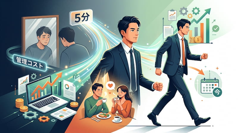 毎朝5分の髭剃りという「管理コスト」を医療脱毛で削減し、創出したリソースをビジネスの成長や大切な人との時間へ再投資するプロセスを描いた画像。自己投資によって自信を獲得し、資産形成や良好な人間関係といった人生のパフォーマンスを最大化させる、事業家の成功サイクルを可視化。