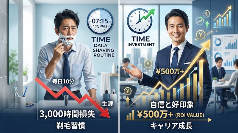 日々の髭剃り習慣と自己投資(脱毛等)を比較した図解。左側は「毎日10分の髭剃り」が「生涯で3,000時間の損失」につながることを赤い下降グラフで示し、右側は時間を投資に回すことで「自信と好印象」を獲得し、キャリア成長を通じて「500万円以上のROI(投資対効果)」を生むことを青い上昇グラフで対比させています。