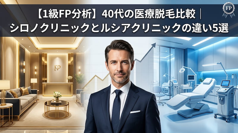 1級FP（ファイナンシャルプランナー）が40代の医療脱毛を徹底分析した比較図解。シロノクリニックとルシアクリニックの違い5選を、コストパフォーマンスと投資価値の視点で解説。高級感のある待合室と最新医療設備を背景に、ミドル世代の自己投資をサポートするプロフェッショナルなイメージ画像。