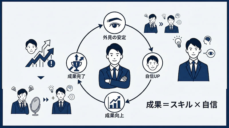 「成果＝スキル×自信」の方程式に基づき、外見の安定が自信を生み、成果向上へと繋がるポジティブな循環を解説したインフォグラフィック。