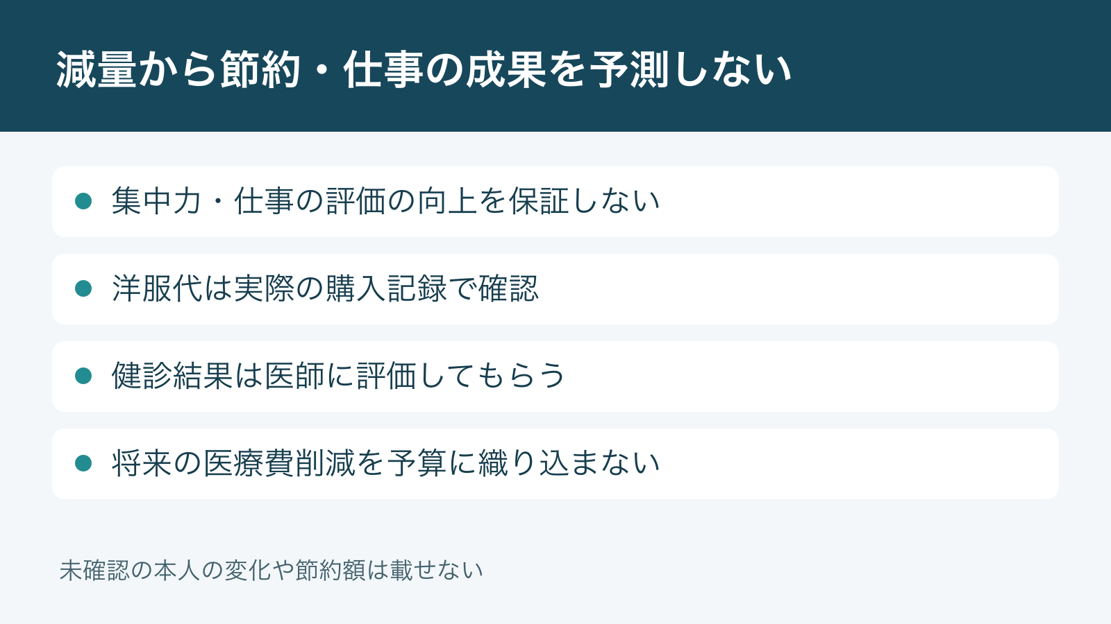 減量から節約・仕事の成果を予測しない。集中力・仕事の評価の向上を保証しない。洋服代は実際の購入記録で確認。健診結果は医師に評価してもらう。将来の医療費削減を予算に織り込まない