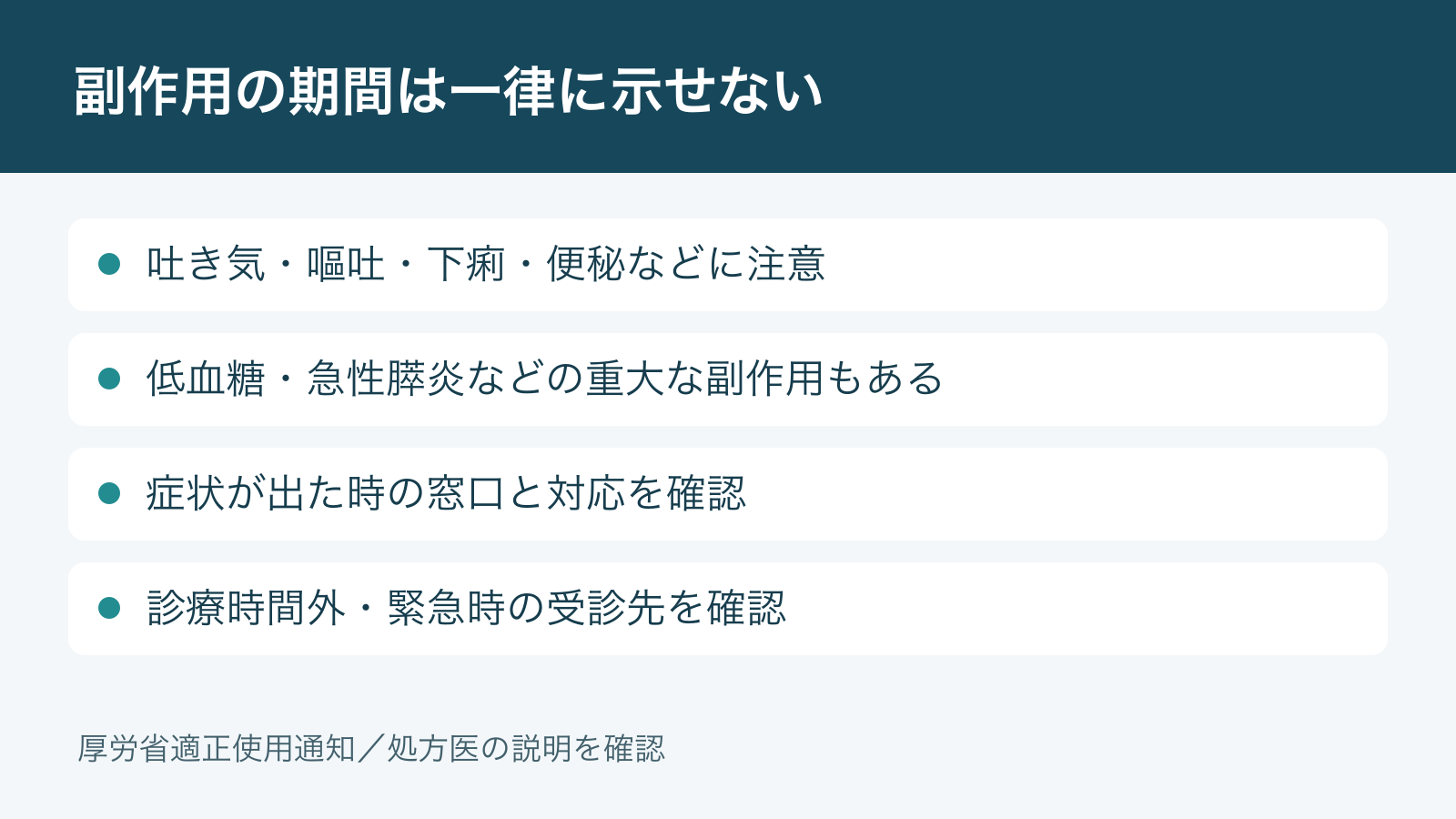 副作用の期間は一律に示せない。吐き気・嘔吐・下痢・便秘などに注意。低血糖・急性膵炎などの重大な副作用もある。症状が出た時の窓口と対応を確認。診療時間外・緊急時の受診先を確認