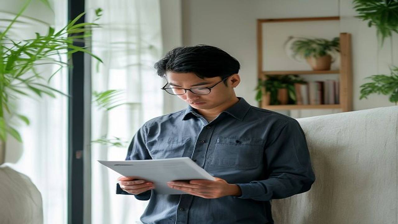 40代GLP-1医療ダイエットの基礎知識を学ぶ日本人男性のシーン。ミニマルな住空間でタブレットの臨床資料を読む30代後半〜40代の男性が、メラノサイトや薬剤の仕組みを理解する様子。1級FPが解説する基礎知識H2セクションの見出し画像。