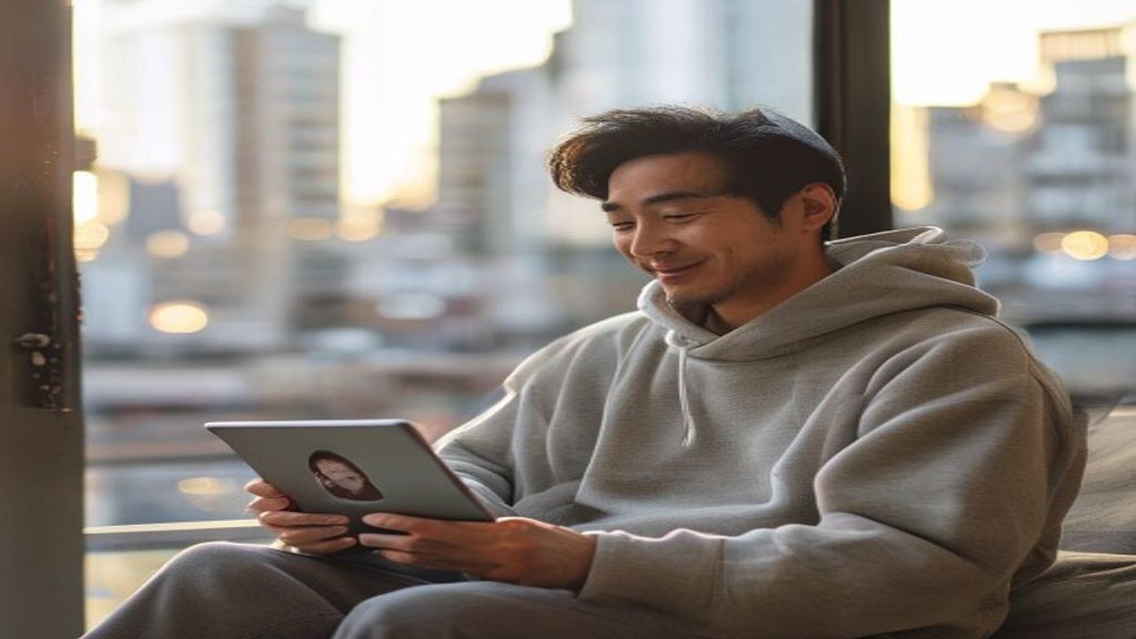 グレーパーカー姿の40代日本人男性が現代的なバルコニーでモーニングコーヒーを片手にタブレットでAGAオンライン診療のビデオカウンセリングを優しい女性医師と受けているライフスタイル誌的編集写真。1級ファイナンシャル・プランニング技能士のニカイドウが解説する、通院時間ゼロ・月額1,500円から始められる低リスク投資・バレない精神的ROIという40代男性がAGAオンライン診療を選ぶべき3つの理由を象徴する画像。元大手証券会社で営業課長として5年の経験から薄毛治療を人的資本投資として論じるメンズ美容投資・自己投資・ミニマムライフブログのH2見出しビジュアル。