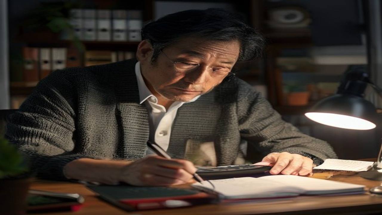 チャコールのカーディガンとシャツを着た40代日本人男性が夜遅く、ヴィンテージ風のダークウッド書斎机でランプの暖色光のもと電卓と革綴じノートを使い、AGA治療費の財務計算に深く集中しているシーン。手元にフォーカスし顔は柔らかくぼかした映画的な構図の画像。1級ファイナンシャル・プランニング技能士が計算した、市販育毛剤・育毛シャンプー・整髪料・帽子・ウィッグなどの放置パターン年間17万円vsAGAオンライン診療予防プラン年間2〜4万円の損益分岐点を解説する画像。AGA治療開始後8ヶ月で投資回収できる40代男性の人的資本投資としての薄毛治療の費用対効果をFP視点で論じるメンズ美容投資ブログのH2見出しビジュアル。