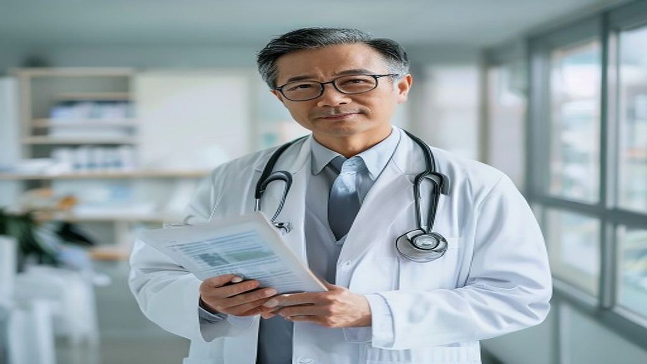 GLP-1医療ダイエットの副作用を説明する40代日本人男性医師のシーン。白衣と聴診器・眼鏡で温かく信頼感のある表情で患者に向かい、吐き気・便秘・倦怠感などのリスクをFP1級がリスク管理視点で解説するH2見出し画像。