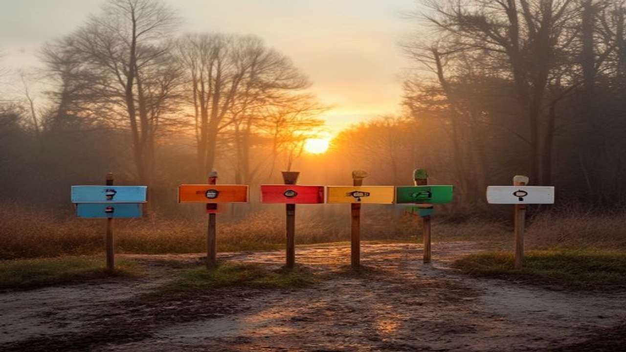 アンティーク調の地図に5本の異なる色のルートラインが1つの出発点から枝分かれする様子を、ヴィンテージ真鍮のコンパス・虫眼鏡・万年筆・革綴じノートと共に大理石表面に配置したラグジュアリーなフラットレイ写真。1級ファイナンシャル・プランニング技能士が出した結論として、コスト最優先タイプ・医師の質重視タイプ・本格発毛狙いタイプ・プライバシー最重視タイプ・とりあえず始めたい初心者の5つのペルソナ別に最適なAGAオンライン診療1社を提案するシーン。DMMオンラインクリニック・クリニックフォア・AGAヘアクリニック・イースト駅前クリニック・Oops HAIRから40代男性のタイプ別に最適解を選ぶ、メンズ美容投資・自己投資ブログのH2見出しビジュアル。