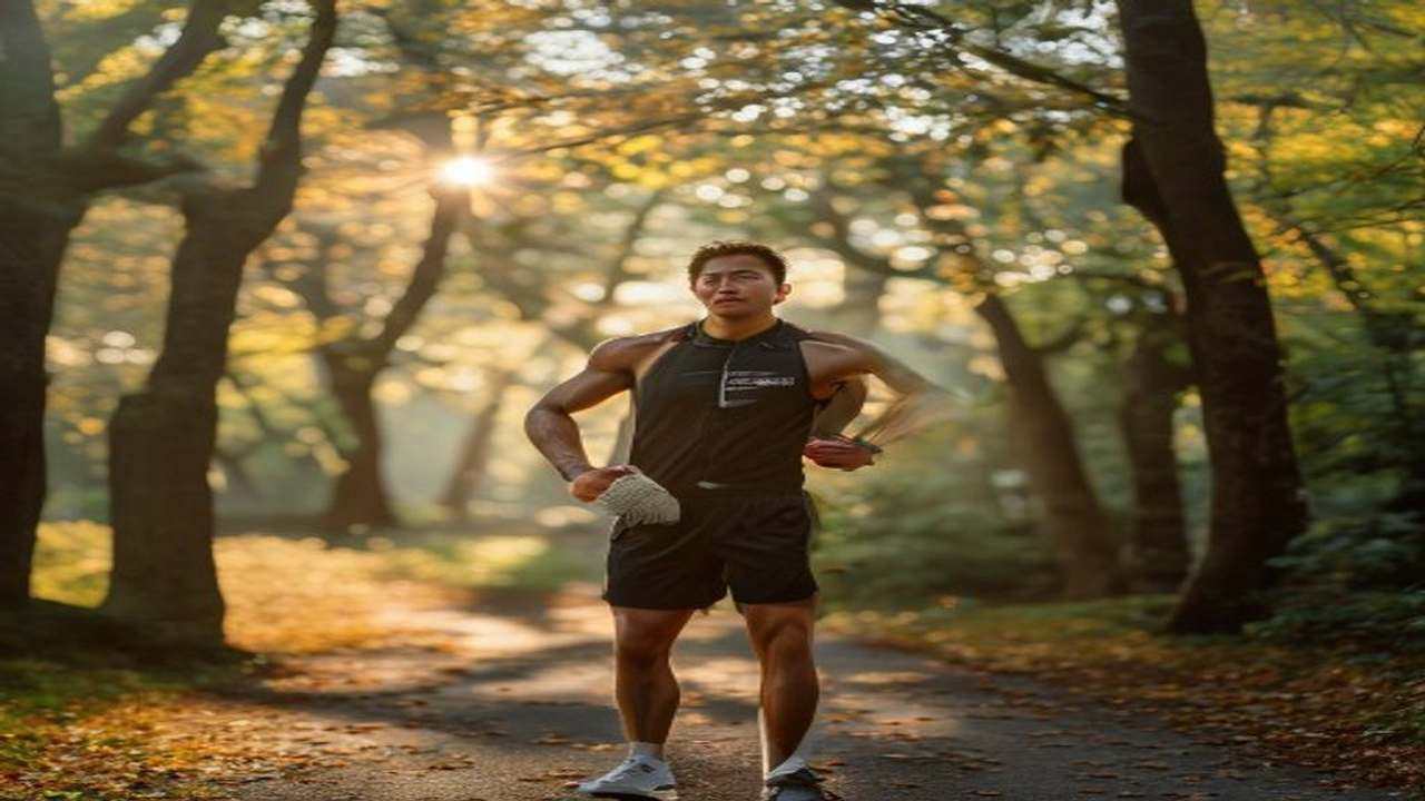黒のトレーニングジャケットとショーツを着た40代日本人男性が、朝の並木道公園のランニング後に首にタオルをかけて手を腰に当て勝利の表情を浮かべて立つスポーツライフスタイル誌的編集写真。秋の木々越しに差し込む朝日の光線が劇的に背景を照らし、整った清潔感ある鋭い印象を与える画像。AGAオンライン診療を月1,500円から始め、放置パターンに対して8ヶ月で投資回収できる薄毛治療を最速の人的資本投資と位置付ける1級ファイナンシャル・プランニング技能士のまとめメッセージを象徴。新NISAと同じく早く始めた人だけが複利の恩恵を受ける40代男性のメンズ自己投資・経済的自由・人生最適化を応援するブログの締めくくりH2見出しビジュアル。