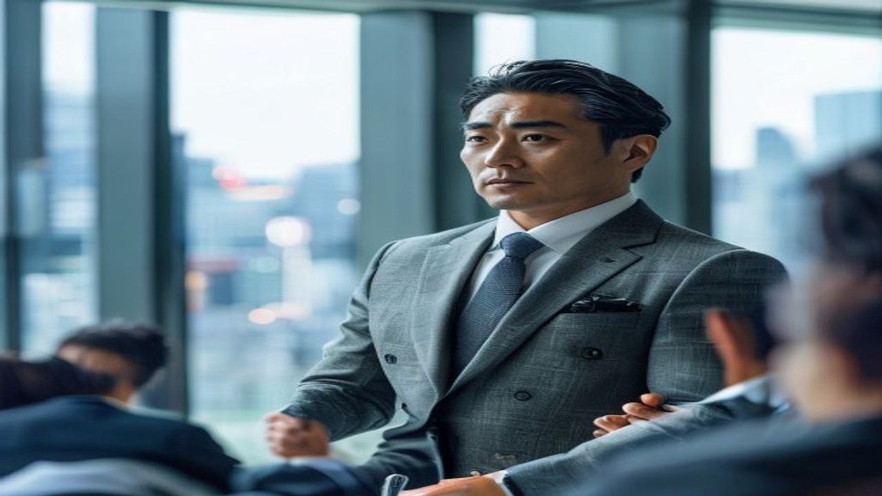 整った眉と引き締まった表情で会議室で自信を持ってプレゼンする40代日本人ビジネスパーソンを捉えたシーン。元大手証券会社の営業課長5年として数百人の部下や同僚を見てきた経験から、眉が整っている人ほど成績や昇進で結果を出していたリアルな相関を象徴する画像。1級FPが論じる眉と人的資本・年収・信頼の関係を、40代男性のキャリア戦略・メンズ美容投資・経済的自由達成の観点から解説するブログのH2見出しビジュアル。