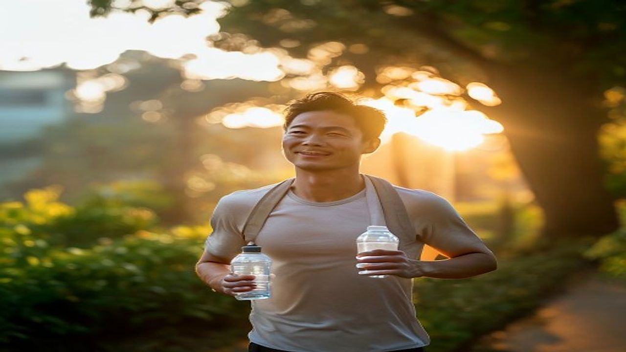 早朝のジョギング後にリフレッシュした表情を見せるスリム体型の40代日本人男性のシーン。スポーツウェアにタオルを掛けて水分補給するカジュアルなライフスタイル写真。GLP-1医療ダイエットで減量に成功した男性のパフォーマンス向上を象徴するH2見出し画像。