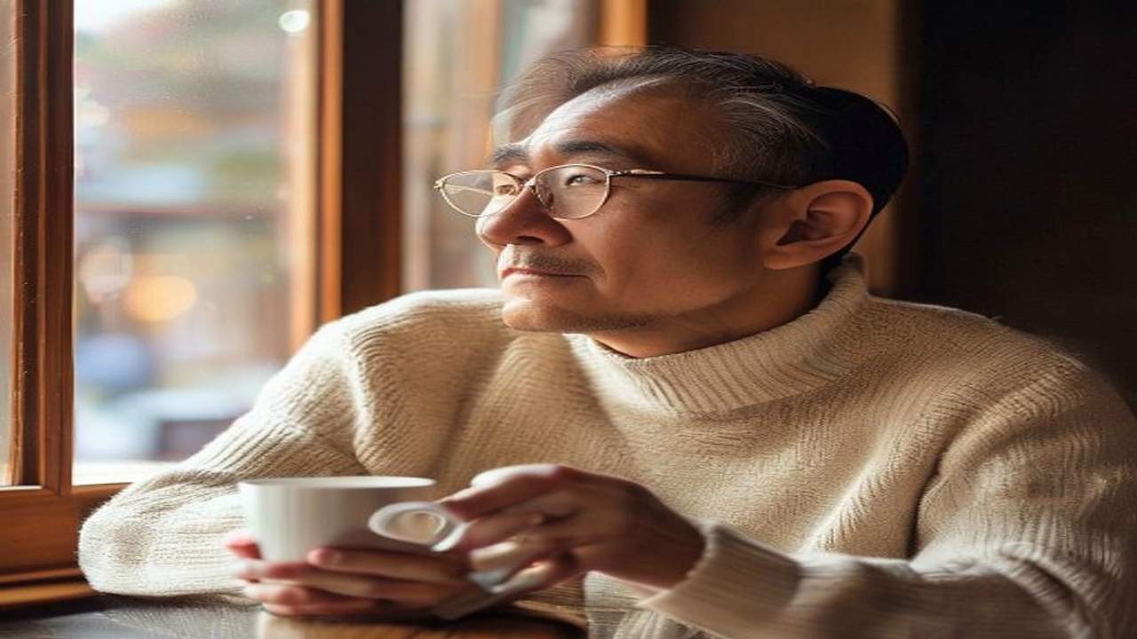 窓辺のカフェテーブルでマグカップを両手で包み込む40代日本人男性のシーン。ベージュのニットセーターと眼鏡で穏やかに思考する表情を捉えたエディトリアル写真。GLP-1医療ダイエットによくある質問10選にFP1級が答えるQ&A章のH2見出し画像。