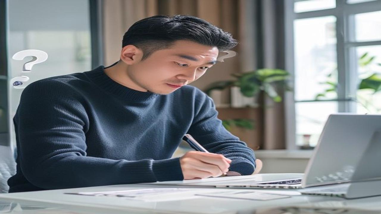 落ち着いた木製デスクでコーヒーを片手にノートを見る40代日本人ビジネスパーソンが、整った眉で穏やかに考え事をしているシーン。眉サロンは何回通えば効果が出るのか・痛みはあるか・自分でやるのと何が違うか・眉アートメイクとどちらが良いかなど、40代メンズ眉サロンによくある質問に1級FPが回答するQ&A章のH2見出しビジュアル。資産形成・自己投資・ミニマムライフの観点から40代男性のメンズ美容投資の疑問を解消する画像。