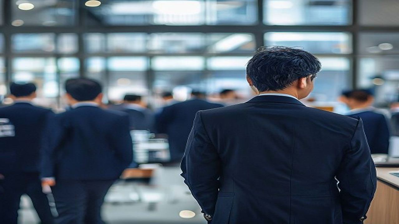 モダンな大手証券会社オフィスのフロアを観察する40代日本人男性課長の後ろ姿。ネイビースーツの背中越しに同僚たちが見える広角写真。1級FPで元大手証券会社の営業課長のニカイドウが5年間の現場経験から見た太っている部下と痩せている部下の差を語るH2見出し画像。