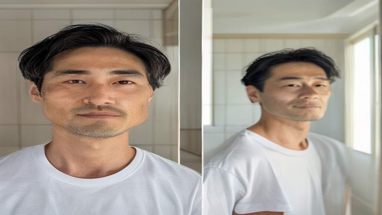 40代メンズスキンケアを3ヶ月継続することで、肌のくすみが減り清潔感とトーンが大きく変わるビフォーアフターを表現したイメージ画像。白いTシャツを着た40代の日本人男性が、正しい洗顔と保湿、毎日の紫外線対策というミニマムなスキンケア習慣によって、肌の質感が改善し若々しい印象を取り戻した様子を示している。1級FP監修の記事で解説する「清潔感が年収・評価に直結する」というFP視点の自己投資効果を視覚的に伝える1枚。