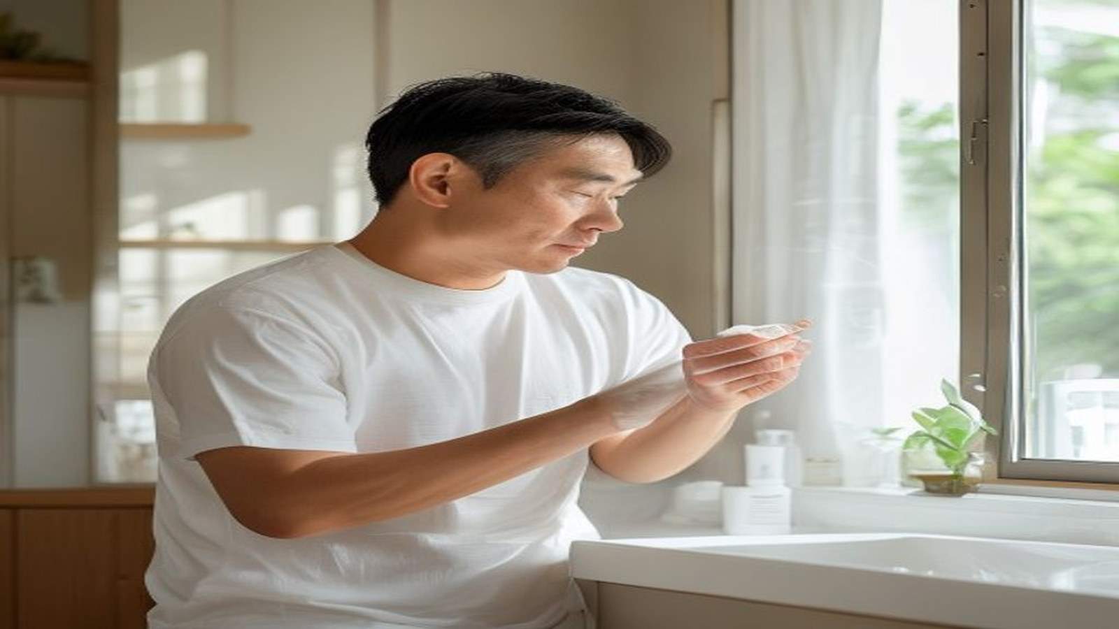 40代メンズスキンケアでよくある失敗を防ぎ、正しい技術で継続的にケアする様子を示したイメージ画像。白いTシャツ姿の40代日本人男性が、指先で丁寧にローションを肌になじませる正しいスキンケア技術を実演している。「面倒で続かない」「高価な商品を買えばいい」「百貨店ブランドに散財する」といった典型的な失敗パターンを避け、歯磨きと同じタイミングに組み込む習慣化と、シンプルで継続可能なルーティンによって肌の質感を改善するためのコツを表現した1枚。1級FP監修の記事が推奨する継続可能なスキンケア習慣を象徴している。