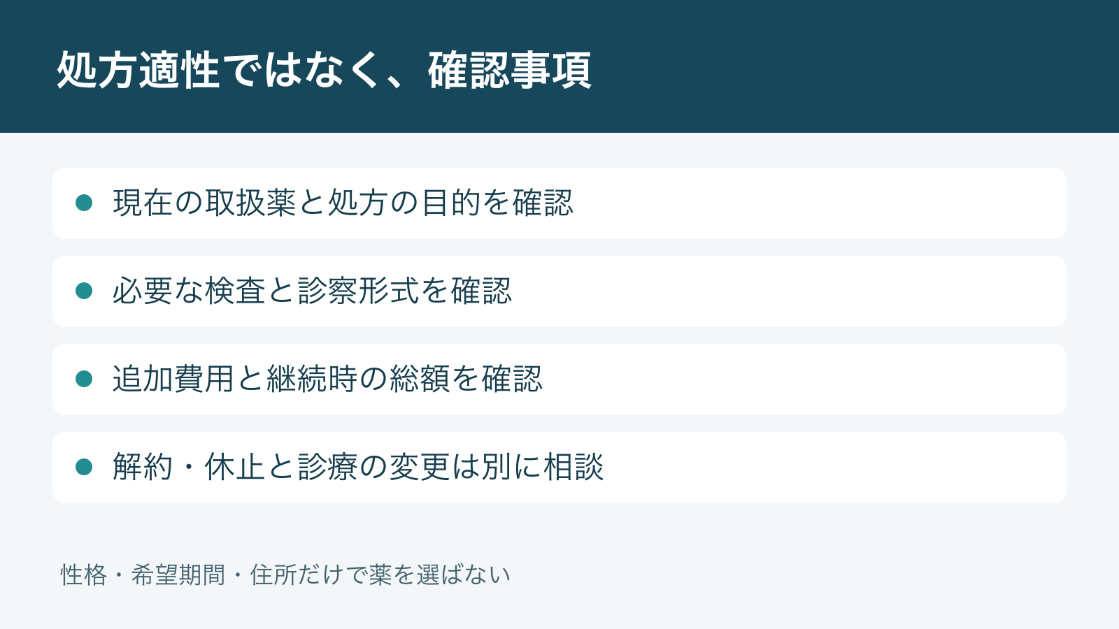 処方適性ではなく、確認事項。現在の取扱薬と処方の目的を確認。必要な検査と診察形式を確認。追加費用と継続時の総額を確認。解約・休止と診療の変更は別に相談