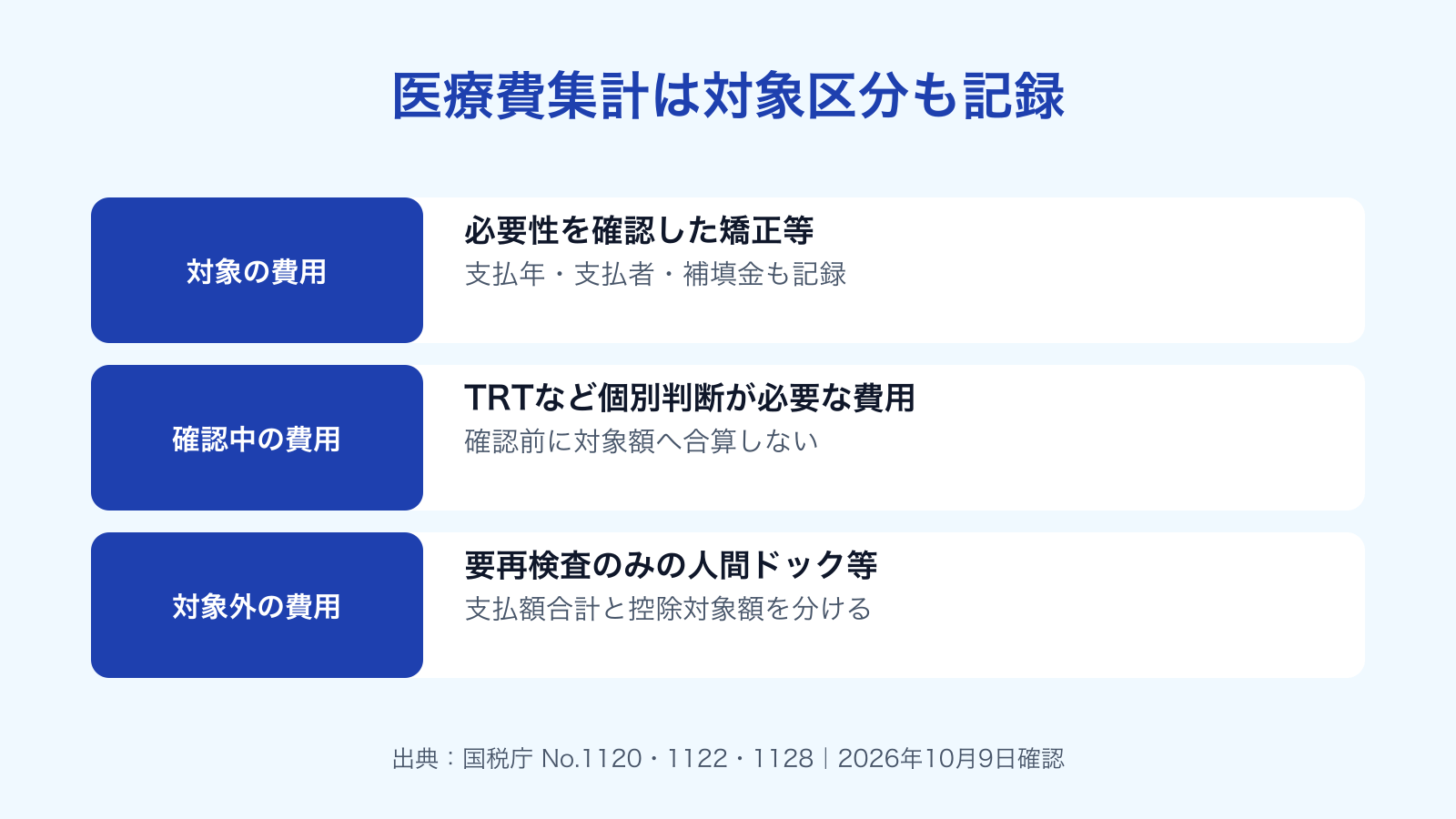 架空の記入例に沿い、対象費用・確認中の費用・対象外費用を分けて集計。本人の治療歴や実額を示す図ではない。