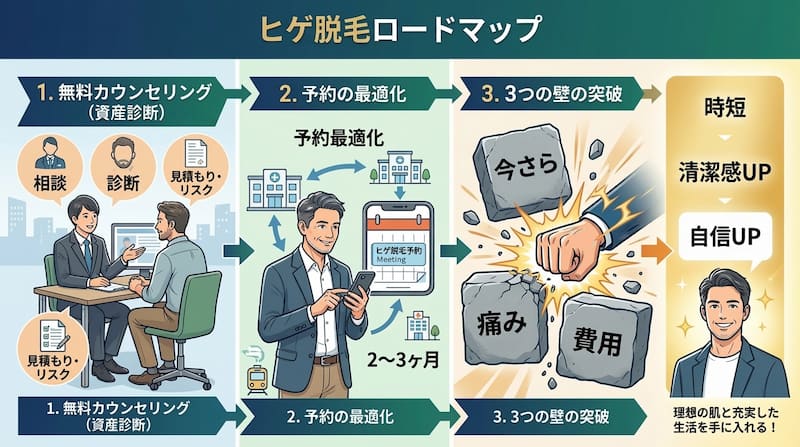 ヒゲ脱毛の全工程を3ステップで解説した「ヒゲ脱毛ロードマップ」。1) 無料カウンセリングによる「資産診断」とリスク確認。2) 2〜3ヶ月ごとの「予約の最適化」。3) 「今さら・痛み・費用」という3つの壁を突破するプロセスを可視化。最終的に「時短・清潔感UP・自信UP」を手に入れ、理想の生活を実現するための、1級FPが提案する戦略的自己投資の2026年最新解説図解。