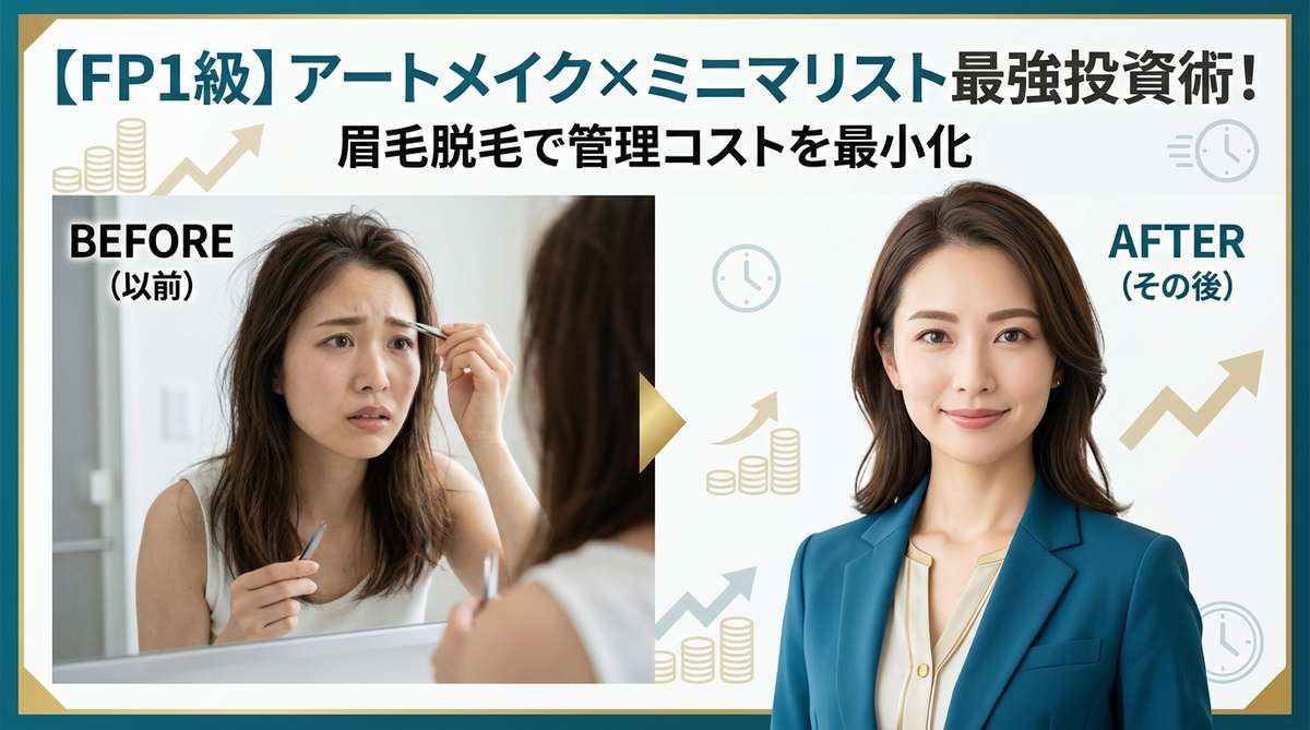 アートメイクによる眉毛の手入れのビフォーアフター比較画像。ミニマリスト的な視点で「管理コストの最小化」と投資効果を解説するブログ用バナー。