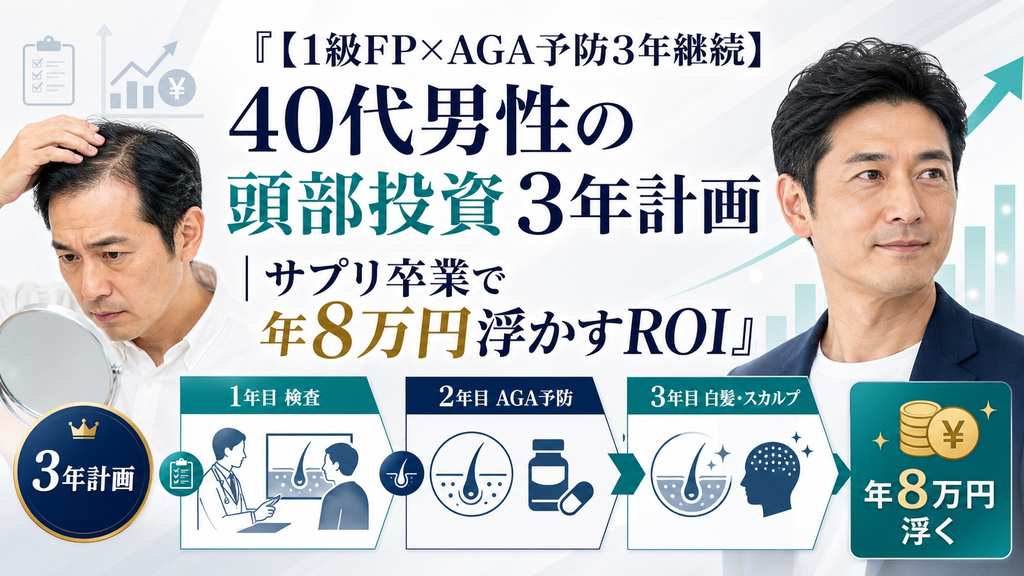 【1級ファイナンシャル・プランニング技能士監修】40代男性の頭部投資3年計画のROI（投資対効果）フレームを示すアイキャッチ画像。1年目に頭皮ドック・血液検査で現在地把握、2年目にAGAオンライン診療5社（クリニックフォア・AGAスキッククリニック・DMM・デュオクリニック等）で予防本格化、3年目に白髪対策・スカルプケアの仕上げという優先順位を、クリニックフォアでAGA予防を3年継続中の1級FPが費用対効果（コスト・パフォーマンス）と健康投資の観点から徹底解説。マルチビタミン全廃・育毛トニック卒業・高級シャンプー卒業によりサプリ卒業で年74,200円浮かす引き算哲学、男性型脱毛症（AGA）の発症メカニズム（DHT・5α還元酵素・テストステロン）、フィナステリド・デュタステリド・ミノキシジル（日本皮膚科学会推奨度A）の選び方、40代男性のQOL（生活の質）向上と自己投資ポートフォリオ全体での位置づけ、見た目-5歳を実現する3年計画のROI最大化戦略。