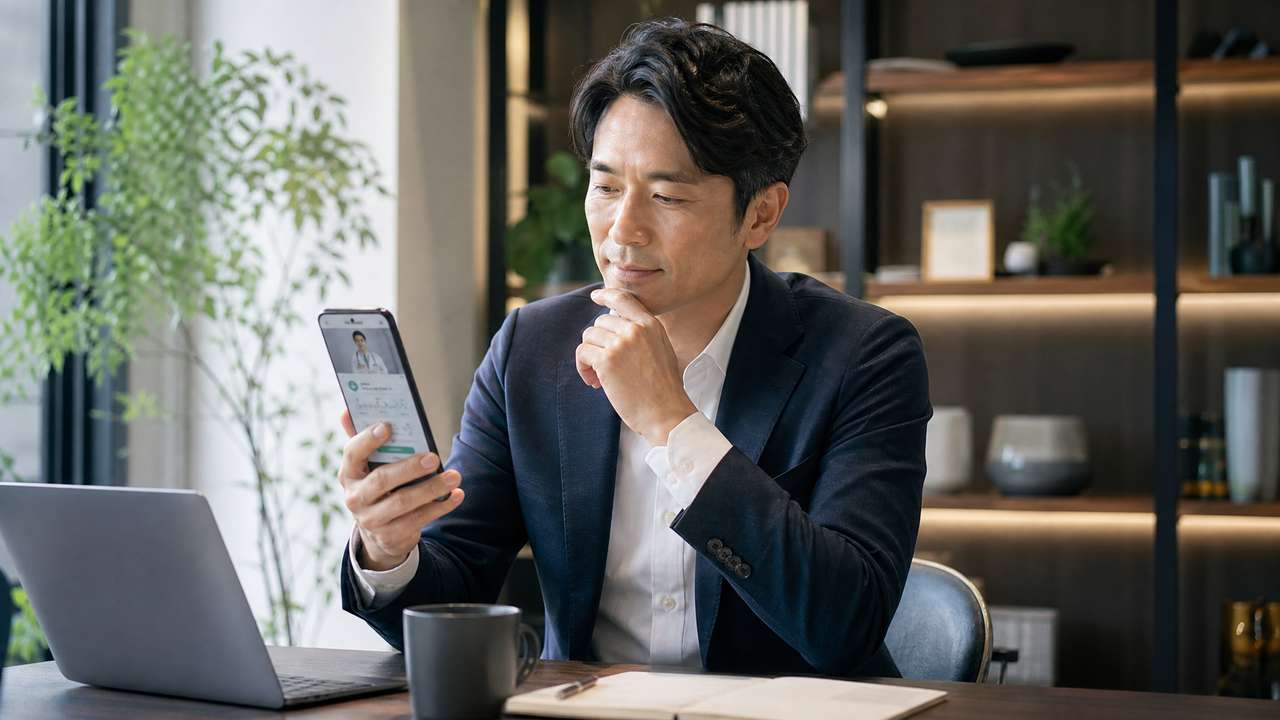 【1級FP×25kg減量者が比較】40代男性のGLP-1オンライン診療5社｜費用対効果と選び方に関するイメージ画像。40代の田中健一さんペルソナを意識した、GLP-1 medical diet, online consultation app on smartphone のシーンをGPT Image 2で生成。費用対効果と時間効率を重視するビジネスパーソン向けの自己投資テーマを視覚化
