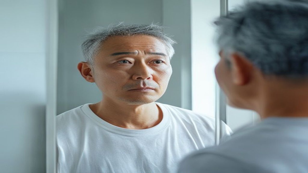 40代男性が浴室の鏡で増えてきた白髪を確認している様子。1級ファイナンシャル・プランニング技能士のニカイドウが解説する、メラノサイト機能低下・生活習慣の乱れ・ストレスと睡眠不足という40代男性の白髪急増3大原因を象徴するシーン。資産形成・自己投資・ミニマムライフ視点でメンズ美容投資としての白髪ケアを論じるブログのH2見出し画像。