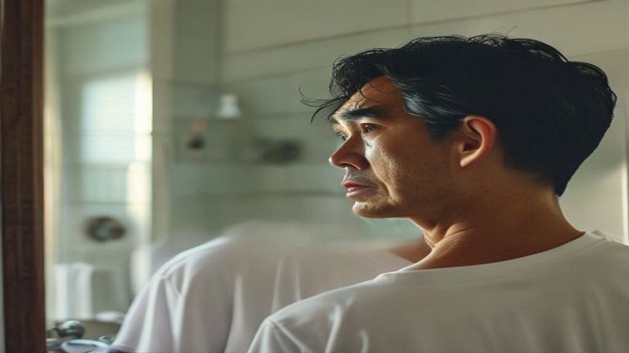 40代男性が鏡で自分の髪・生え際を気にする様子｜AGAセルフ意識のイメージ