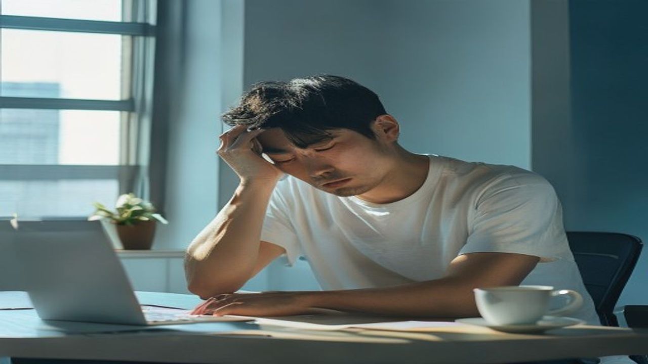 40代男性が朝から疲労感を抱える様子｜LOH症候群の症状を示すイメージ