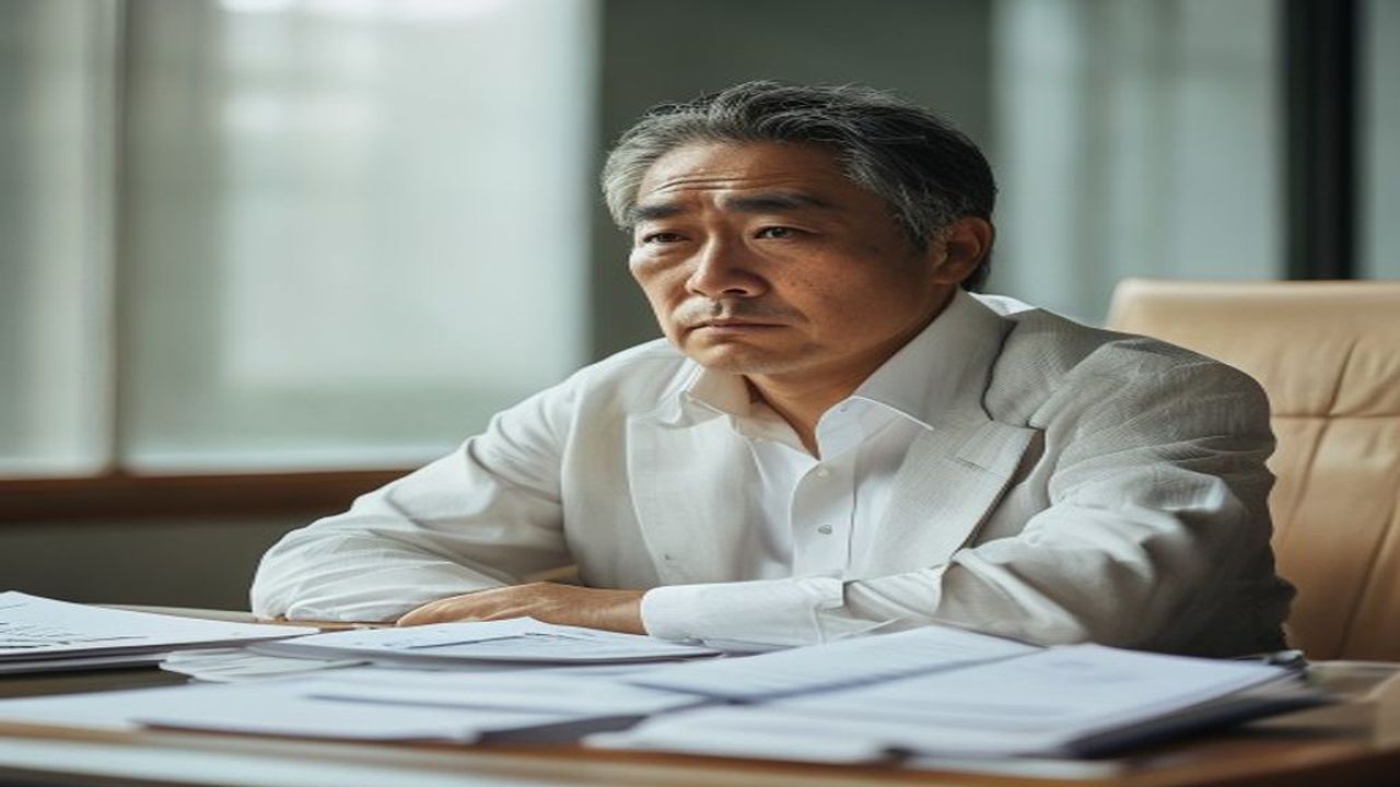 40代の管理職男性が会議室で疲れた表情を見せ、白髪放置による見た目年齢上昇・営業商談での印象低下・昇進や転職での評価低下という3つの経済損失リスクを暗示するシーン。1級FPが年収・信頼を失う観点から白髪対策を資産防衛として論じるブログのH2見出し画像。