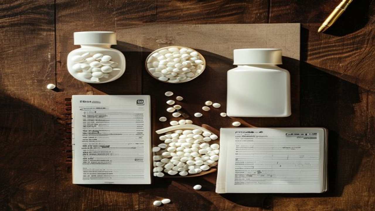 ダークウォルナットの高級木製テーブルに5つの薬剤瓶を完璧な列で並べ、白い錠剤を芸術的に散らし、革綴じノートに手書きの比較表とゴールドペン・電卓を配置した俯瞰のラグジュアリーフラットレイ写真。1級FPが運営実績・処方薬の幅・価格透明性の3点で選び抜いたGLP-1オンライン診療主要5社（クリニックフォア・DMMオンラインクリニック・東京美容外科・ディオクリニック・湘南美容オンライン）の月額費用・処方薬・診察形式・継続率を徹底比較する記事のH2見出し画像。40代男性向けに費用対効果と再現性の観点から最適なGLP-1クリニック選びを解説するメンズ自己投資ブログのビジュアル。